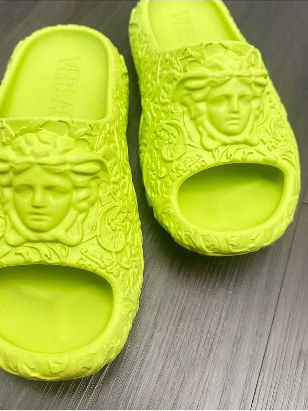 Versace Neon Lime Green 3D Medusa Embossed Slide Sandals Pool Slides